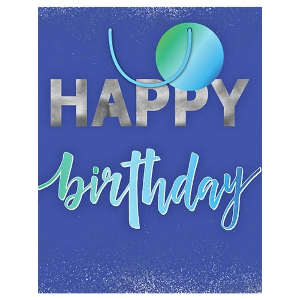Blue Happy Birthday gift bag with metallic silver foil lettering and cord handles available in medium and large sizes