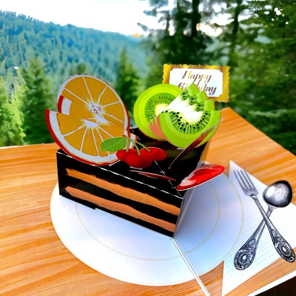 Happy Birthday Chocolate Cake Slice with Fruit Pop Up Card