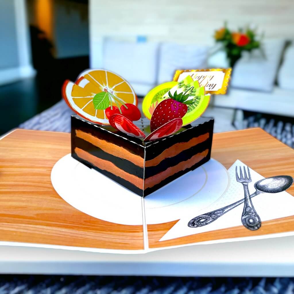 Happy Birthday Chocolate Cake Slice with Fruit Pop Up Card