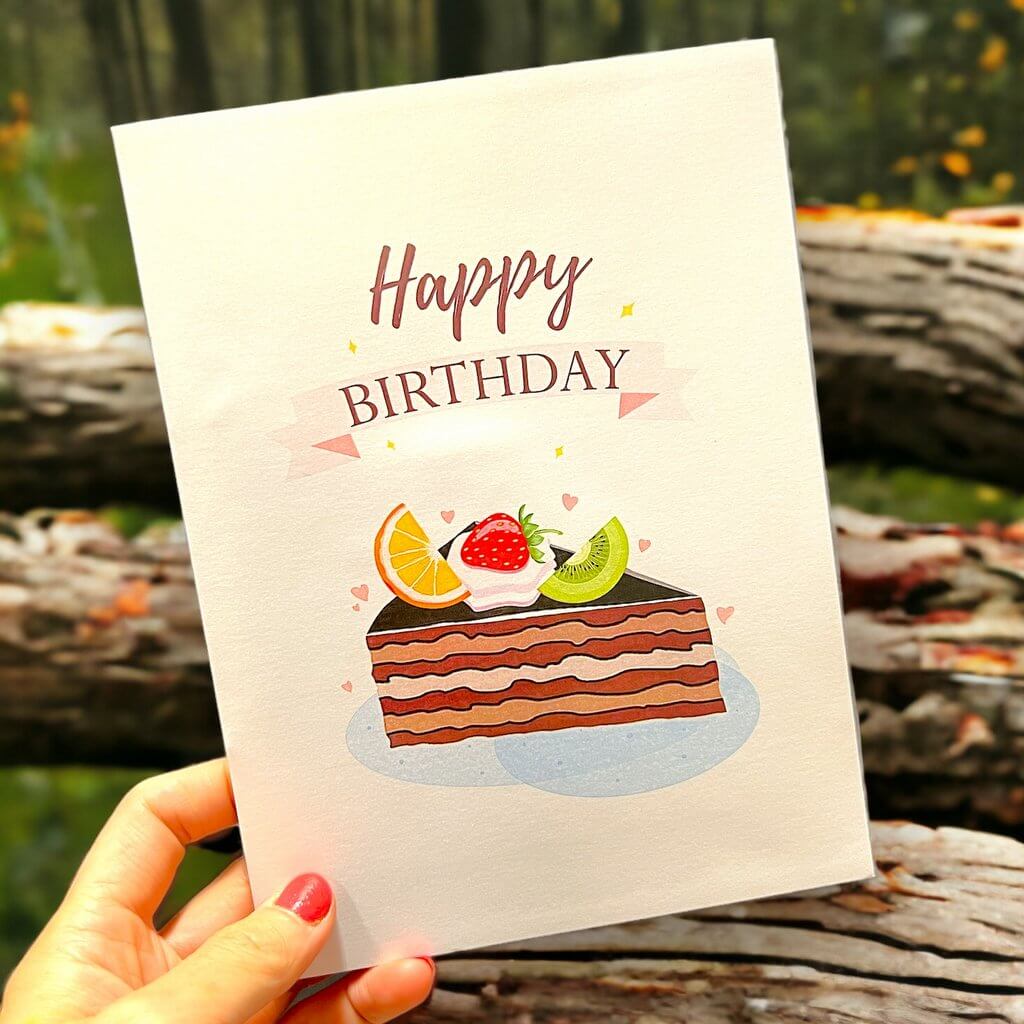 Happy Birthday Chocolate Cake Slice with Fruit Pop Up Card