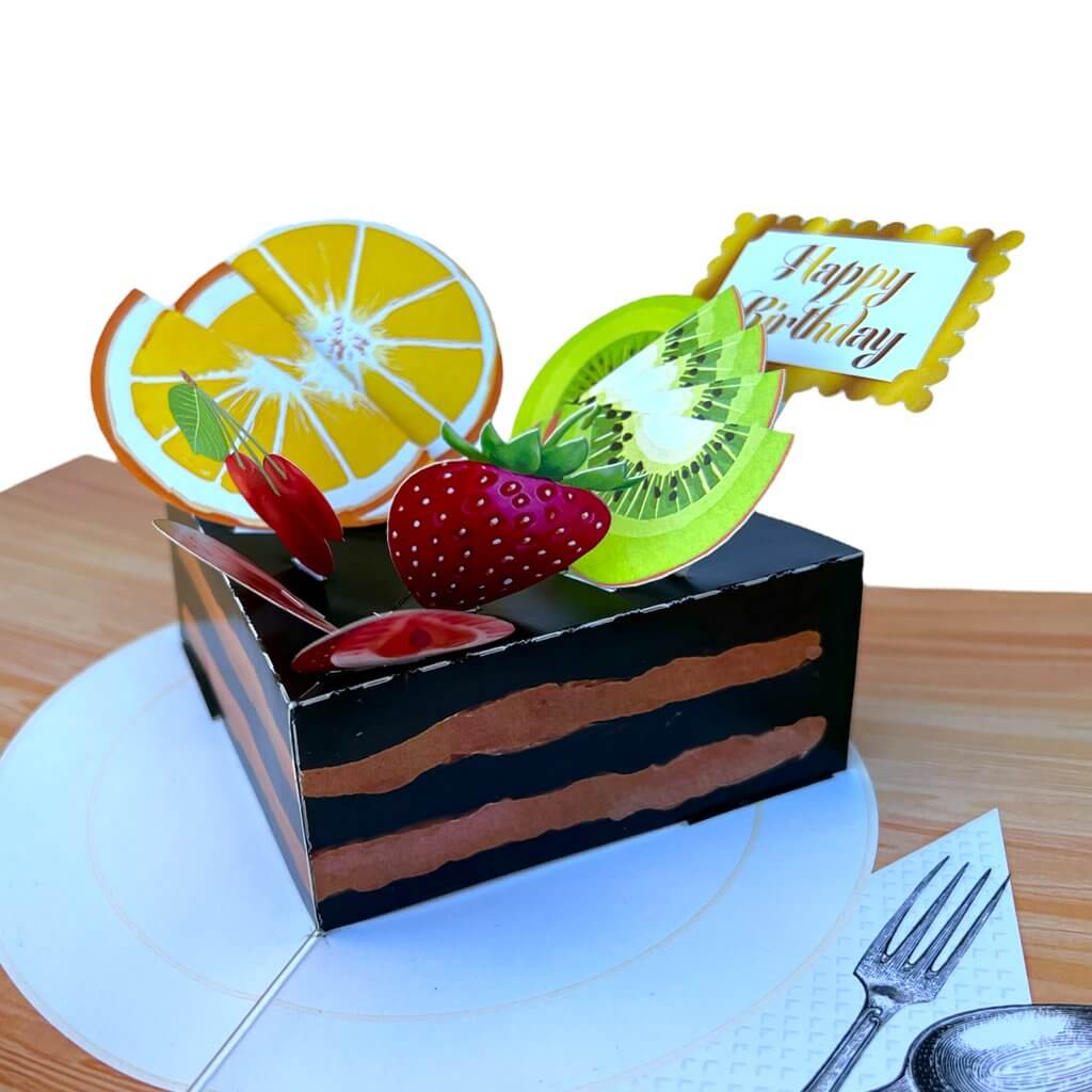 Happy Birthday Chocolate Cake Slice with Fruit Pop Up Card