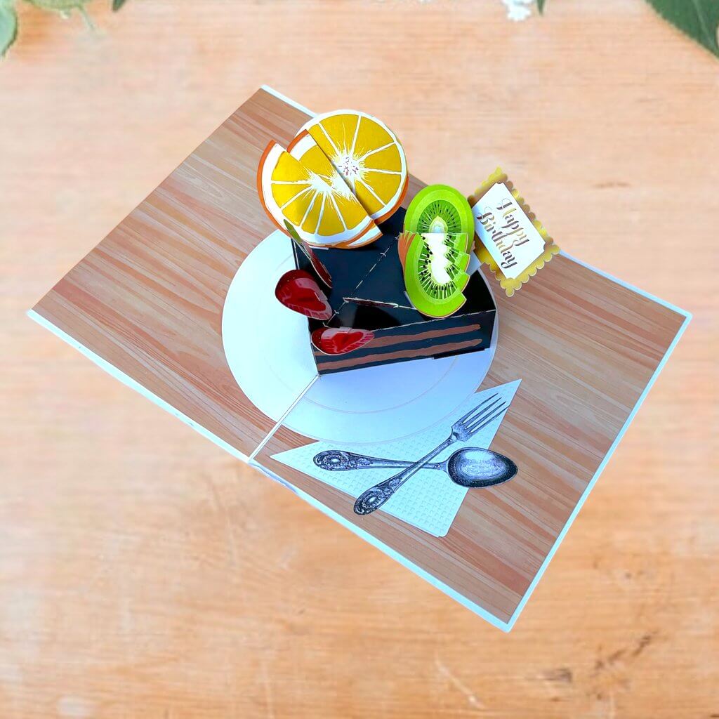 Happy Birthday Chocolate Cake Slice with Fruit Pop Up Card