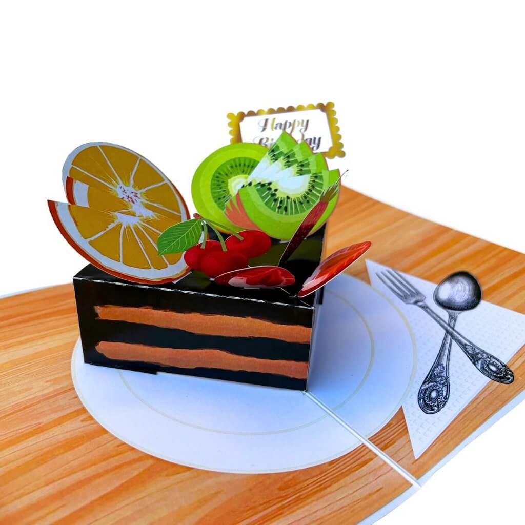 Happy Birthday Chocolate Cake Slice with Fruit Pop Up Card
