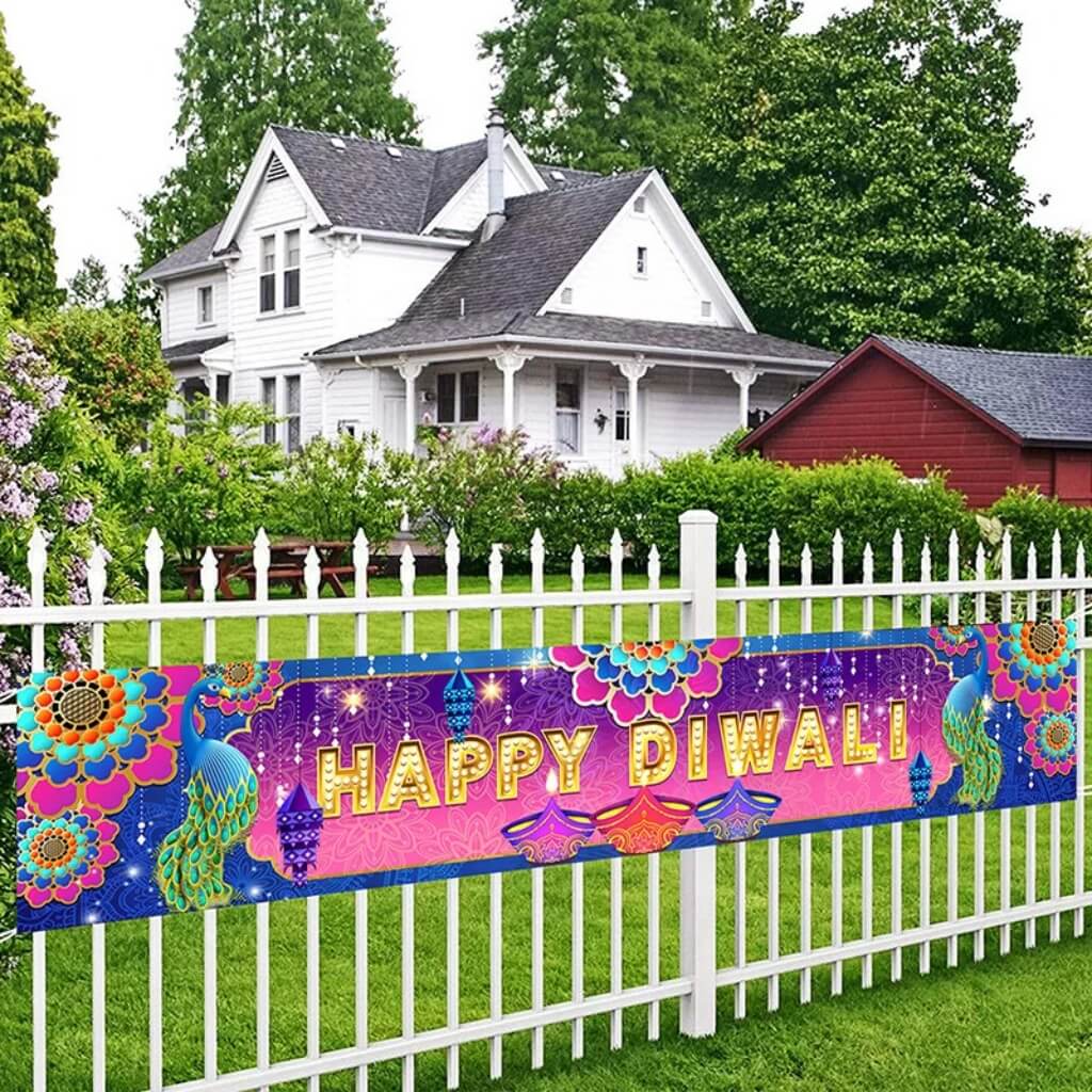 Happy Diwali Backdrop with Peacock &amp; Floral Design – 250cm x 50cm