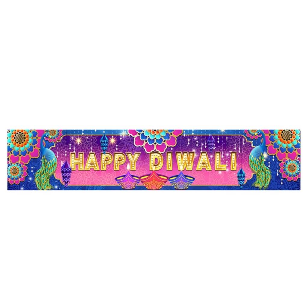 Happy Diwali Backdrop with Peacock &amp; Floral Design – 250cm x 50cm