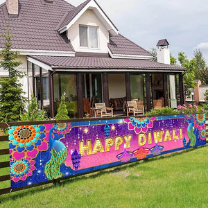 Happy Diwali Backdrop with Peacock &amp; Floral Design – 250cm x 50cm