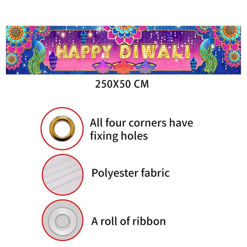 Happy Diwali Backdrop with Peacock &amp; Floral Design – 250cm x 50cm