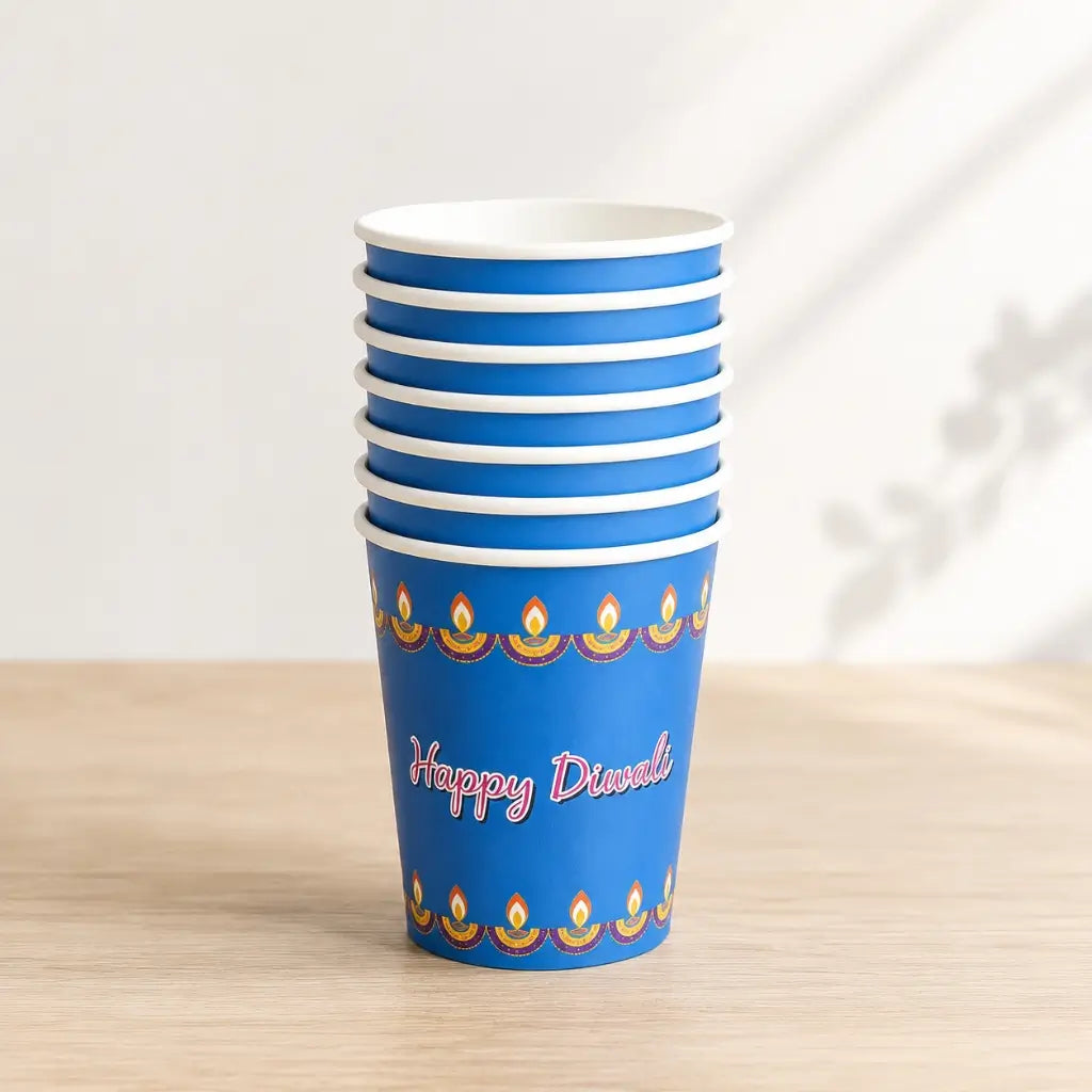 Happy Diwali Blue Paper Cups 266ml 8pk