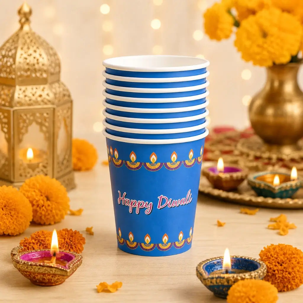 Happy Diwali Blue Paper Cups 266ml 8pk