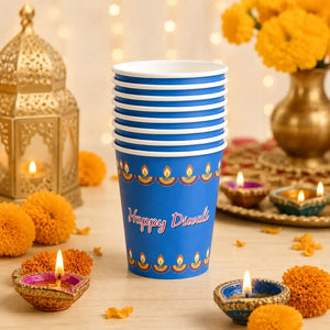 Happy Diwali Blue Paper Cups 266ml 8pk