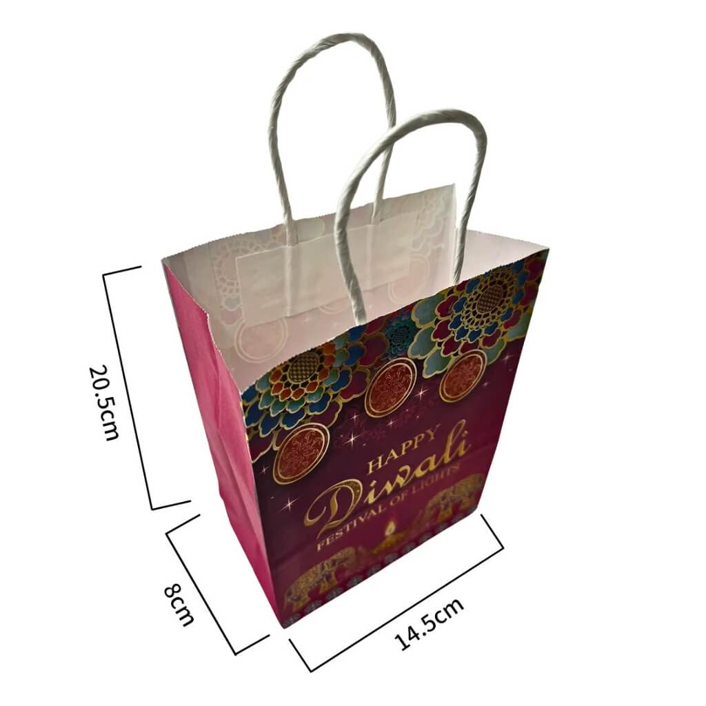 Decorative paper gift bag with 'Happy Diwali' text and measurements on a white background