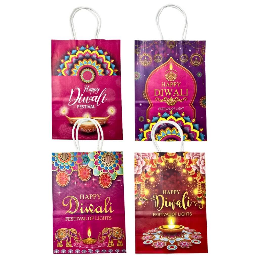 Four Diwali-themed gift bags with colorful designs and text on a white background.