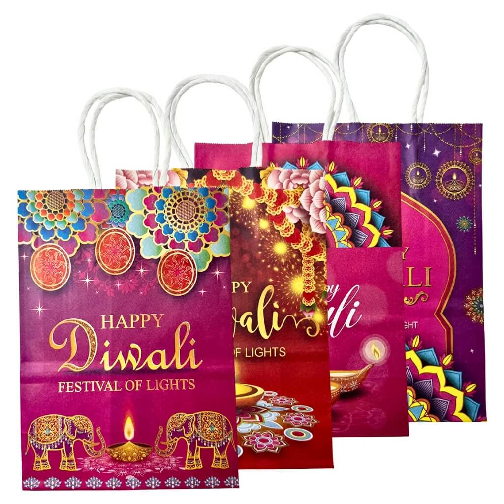 4 Diwali-themed paper bags with colorful designs and text on a white background.