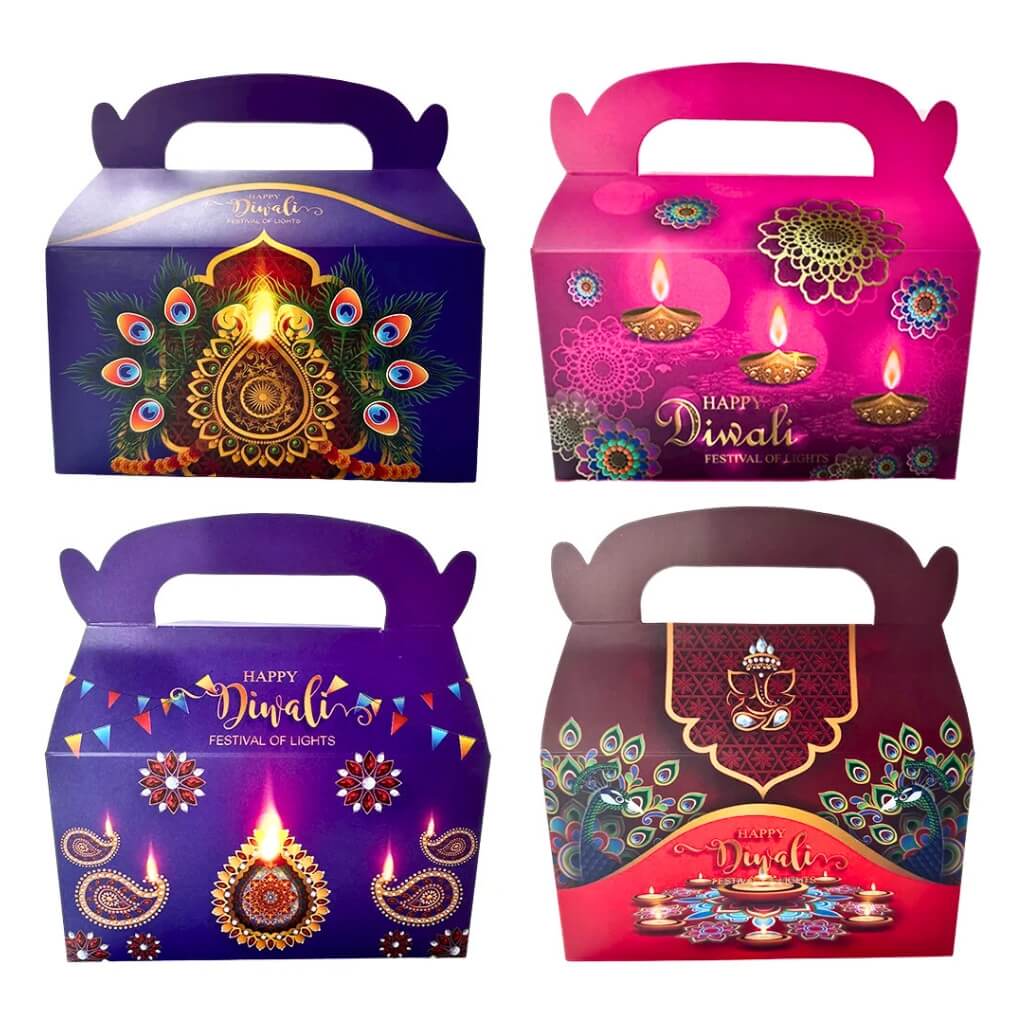 Happy Diwali gable treat boxes 4 packs in purple, pink & red