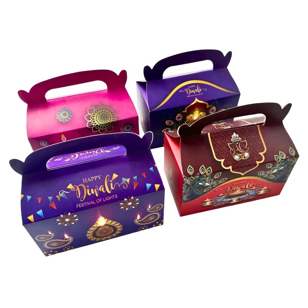 Happy Diwali gable treat boxes 4 packs in purple, pink & red