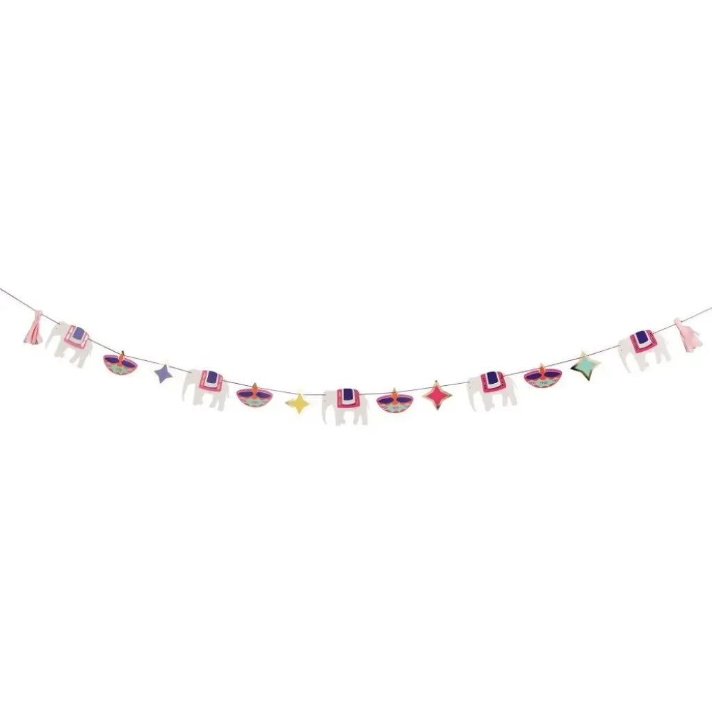 Colourful Diwali garland with elephants, diyas and tassels