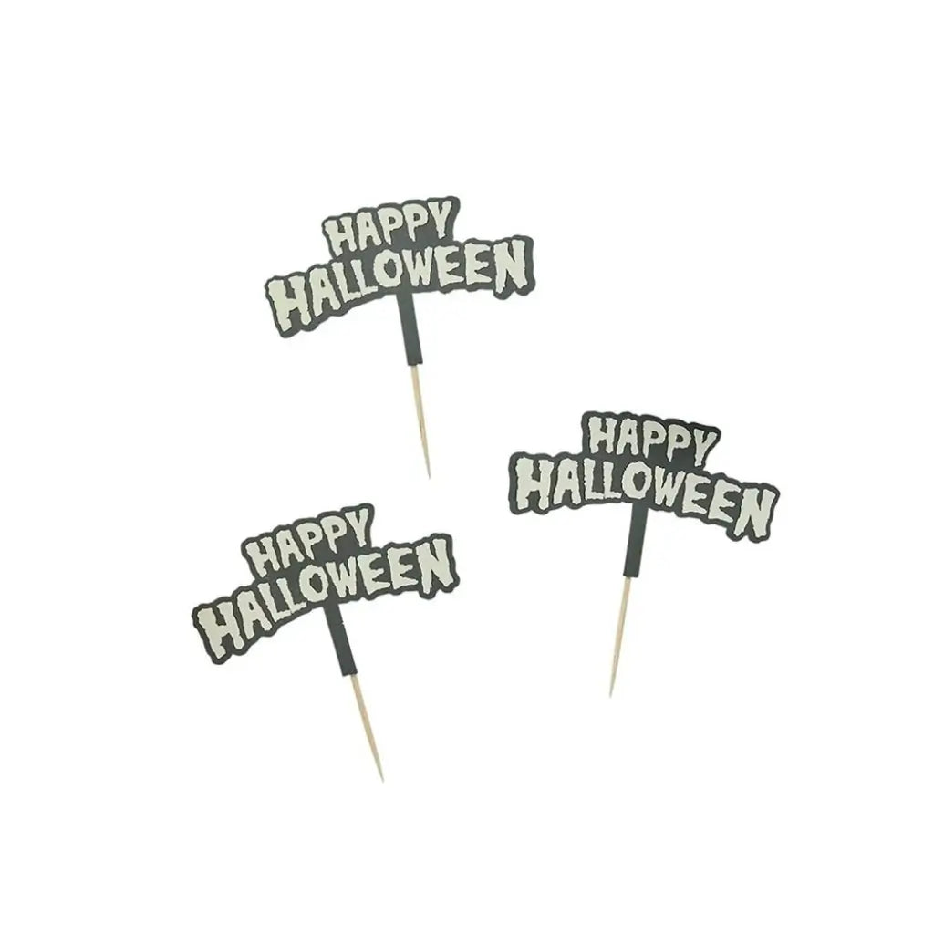 Pack of 12 Happy Halloween cupcake toppers with glowing lettering
