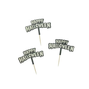 Pack of 12 Happy Halloween cupcake toppers with glowing lettering