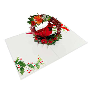 Red Cardinal Bird with Poinsettia Wreath 3d christmas Pop up greeting Card