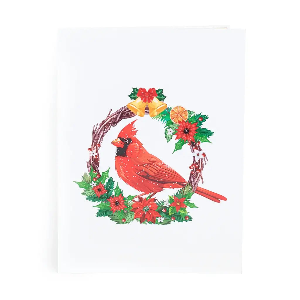 Red Cardinal Bird with Poinsettia Wreath 3d christmas Pop up greeting Card cover