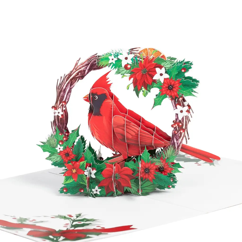 Red Cardinal Bird with Poinsettia Wreath 3d christmas Pop up greeting Card