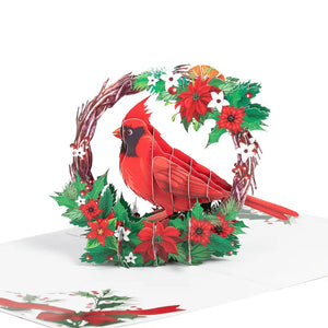 Red Cardinal Bird with Poinsettia Wreath 3d christmas Pop up greeting Card