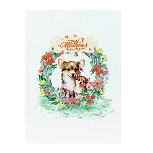 Handcrafted Happy Mother's Day Corgi Mum & Puppy in Floral Wreath 3D Greeting Card.