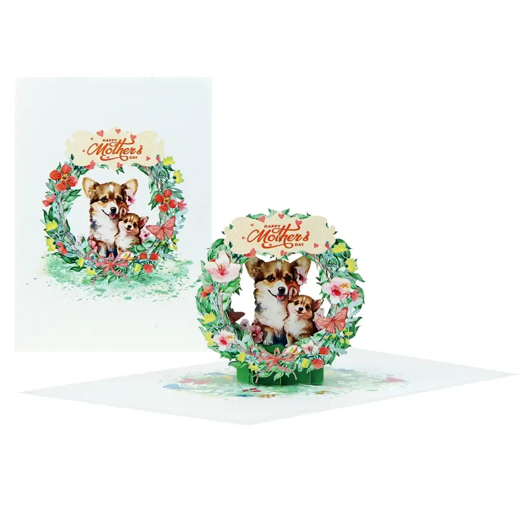 Handcrafted Happy Mother's Day Corgi Mum & Puppy in Floral Wreath 3D Greeting Card.