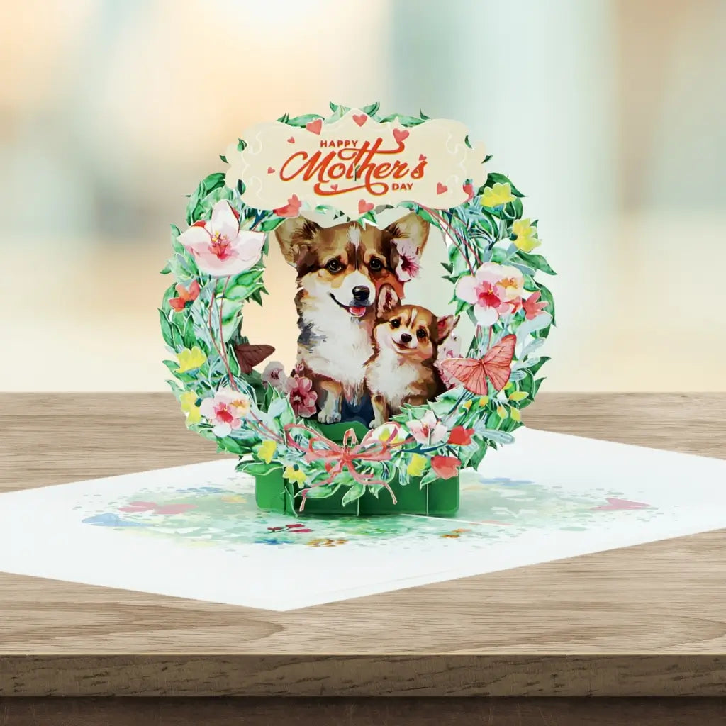 Handcrafted Happy Mother's Day Corgi Mum & Puppy in Floral Wreath 3D Greeting Card.