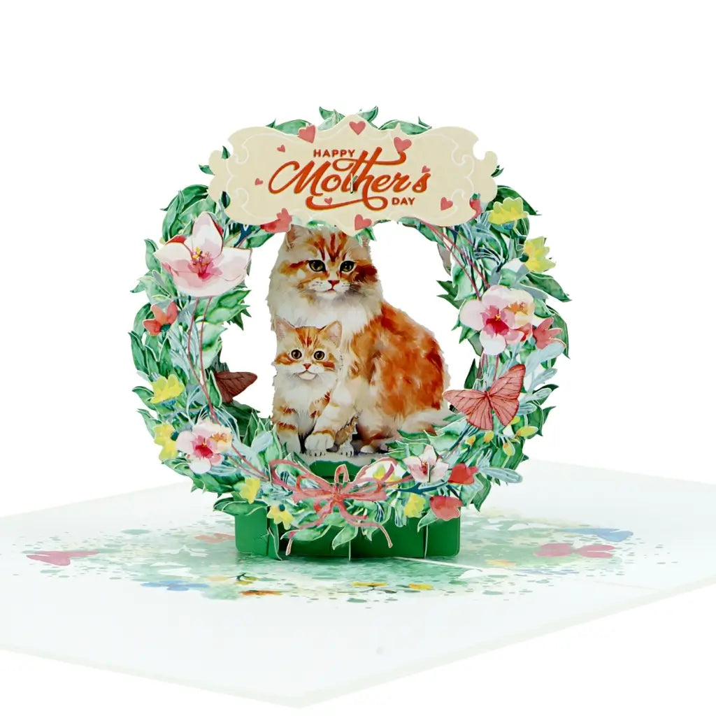 Happy Mother's Day Mum & Bub Cat in Floral Wreath 3D Card