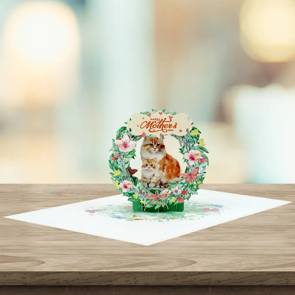 Happy Mother's Day Mum & Bub Cat in Floral Wreath 3D Card