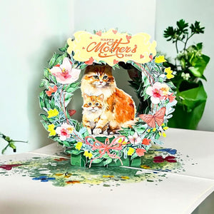 Happy Mother's Day Mum & Bub Cat in Floral Wreath 3D Card