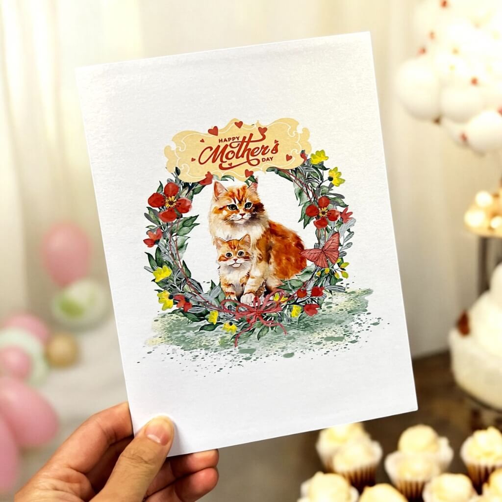 Happy Mother's Day Mum & Bub Cat in Floral Wreath 3D Card