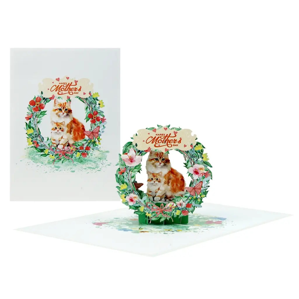 Happy Mother's Day Mum & Bub Cat in Floral Wreath 3D Card