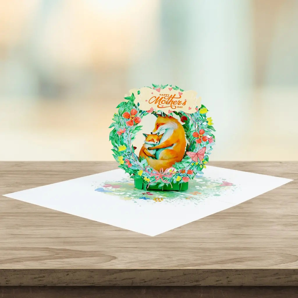 Happy Mother's Day Sweet Mum & Baby Fox in Floral Wreath 3D Greeting Card