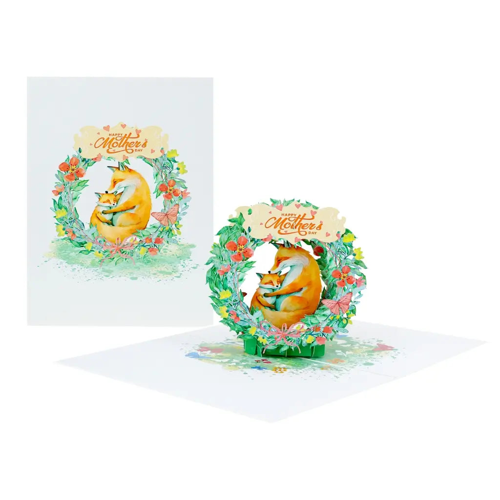 Happy Mother's Day Sweet Mum & Baby Fox in Floral Wreath 3D Greeting Card
