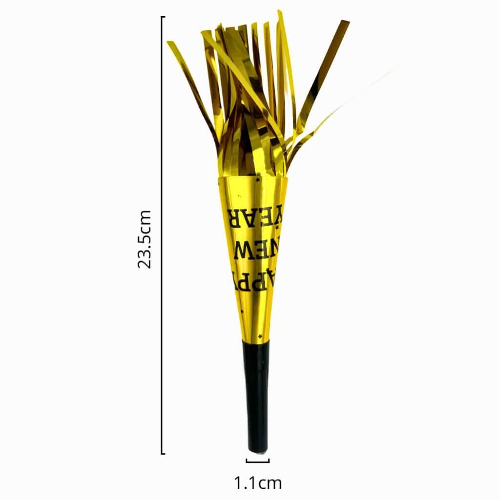 Gold New Year party noisemaker with HAPPY NEW YEAR print