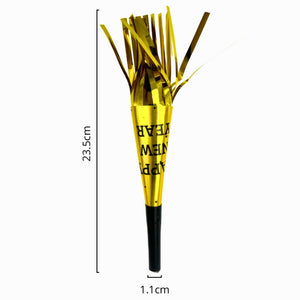 Gold New Year party noisemaker with HAPPY NEW YEAR print