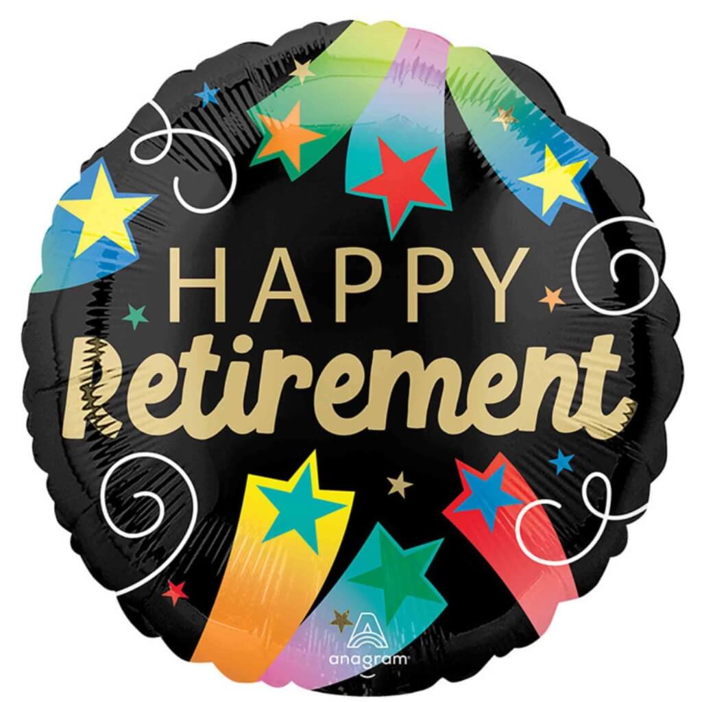 Happy Retirement round black and gold foil balloon
