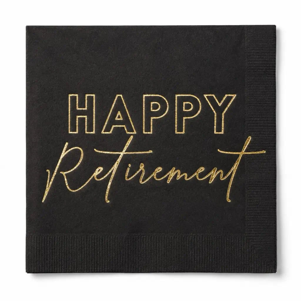 Happy Retirement black and gold foil stamped luncheon napkins.