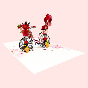 Handmade Happy Valentine's Day Bicycle 3D Pop-Up Card with Red Flower Basket, Gifts & Balloons – Perfect Gift for Him or Her