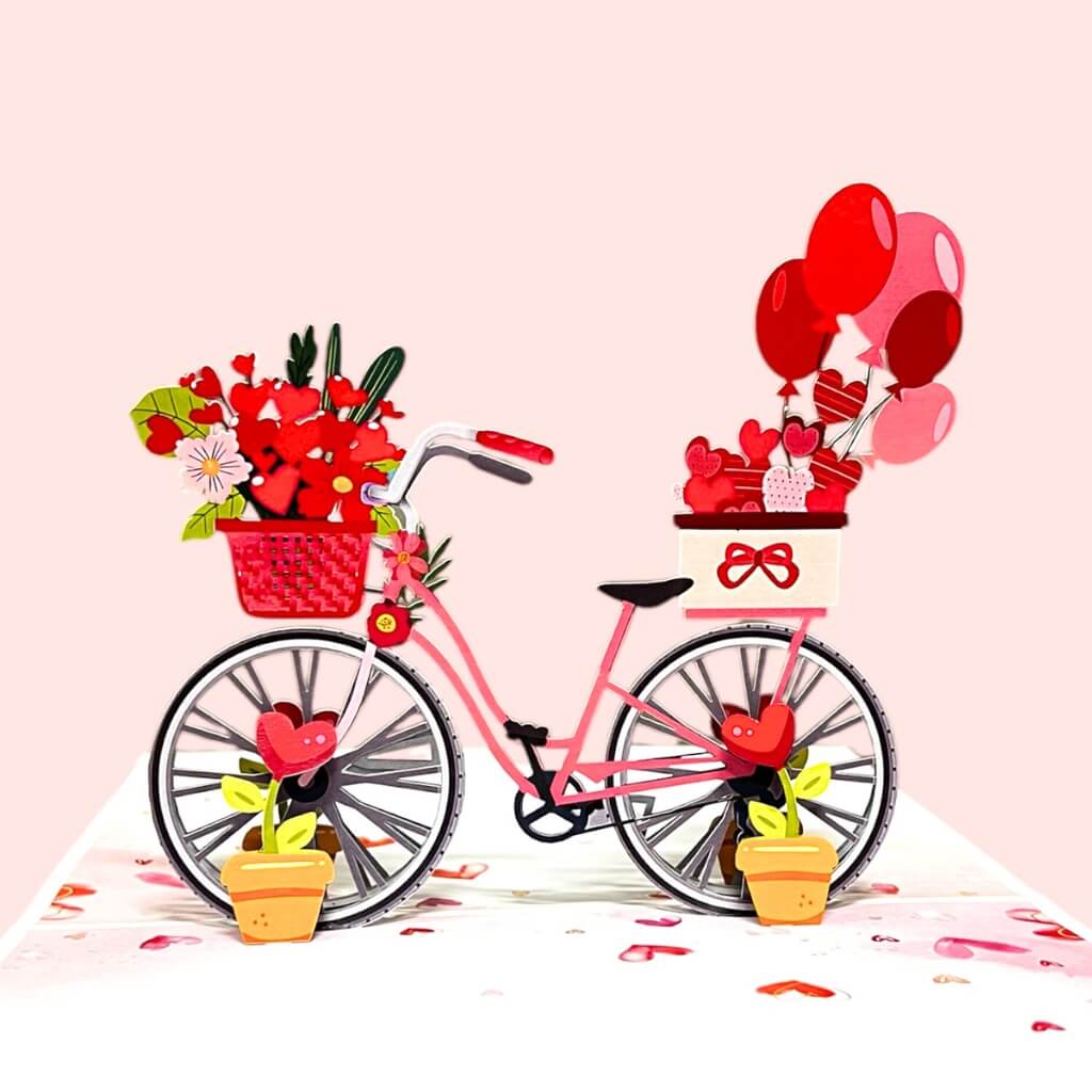 Handmade Happy Valentine's Day Bicycle 3D Pop-Up Card with Red Flower Basket, Gifts & Balloons – Perfect Gift for Him or Her