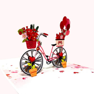 Handmade Happy Valentine's Day Bicycle 3D Pop-Up Card with Red Flower Basket, Gifts & Balloons – Perfect Gift for Him or Her