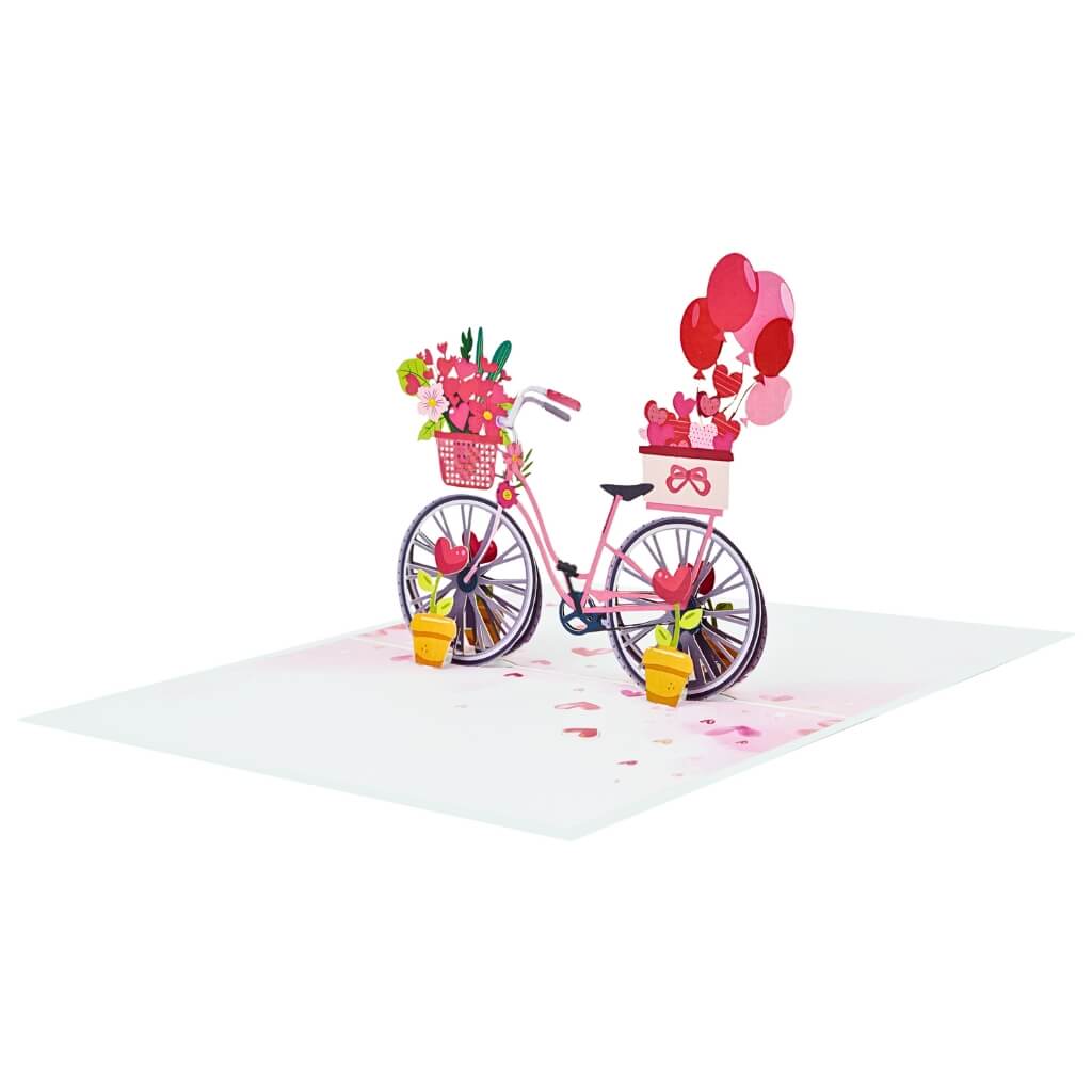 Happy Valentine's Day Bicycle 3D Pop-Up Card with Red Flower Basket