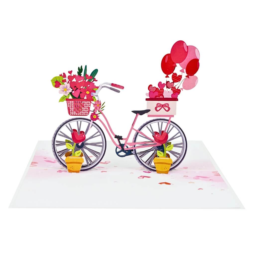 Happy Valentine's Day Bicycle 3D Pop-Up Card with Red Flower Basket