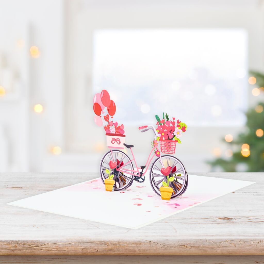 Happy Valentine's Day Bicycle 3D Pop-Up Card with Red Flower Basket