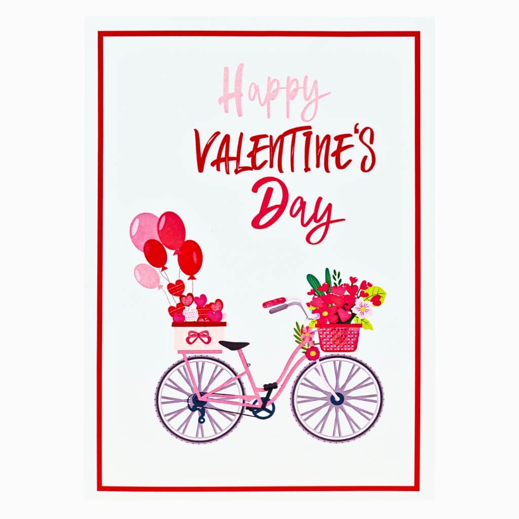 Happy Valentine's Day Bicycle 3D Pop-Up Card with Red Flower Basket cover