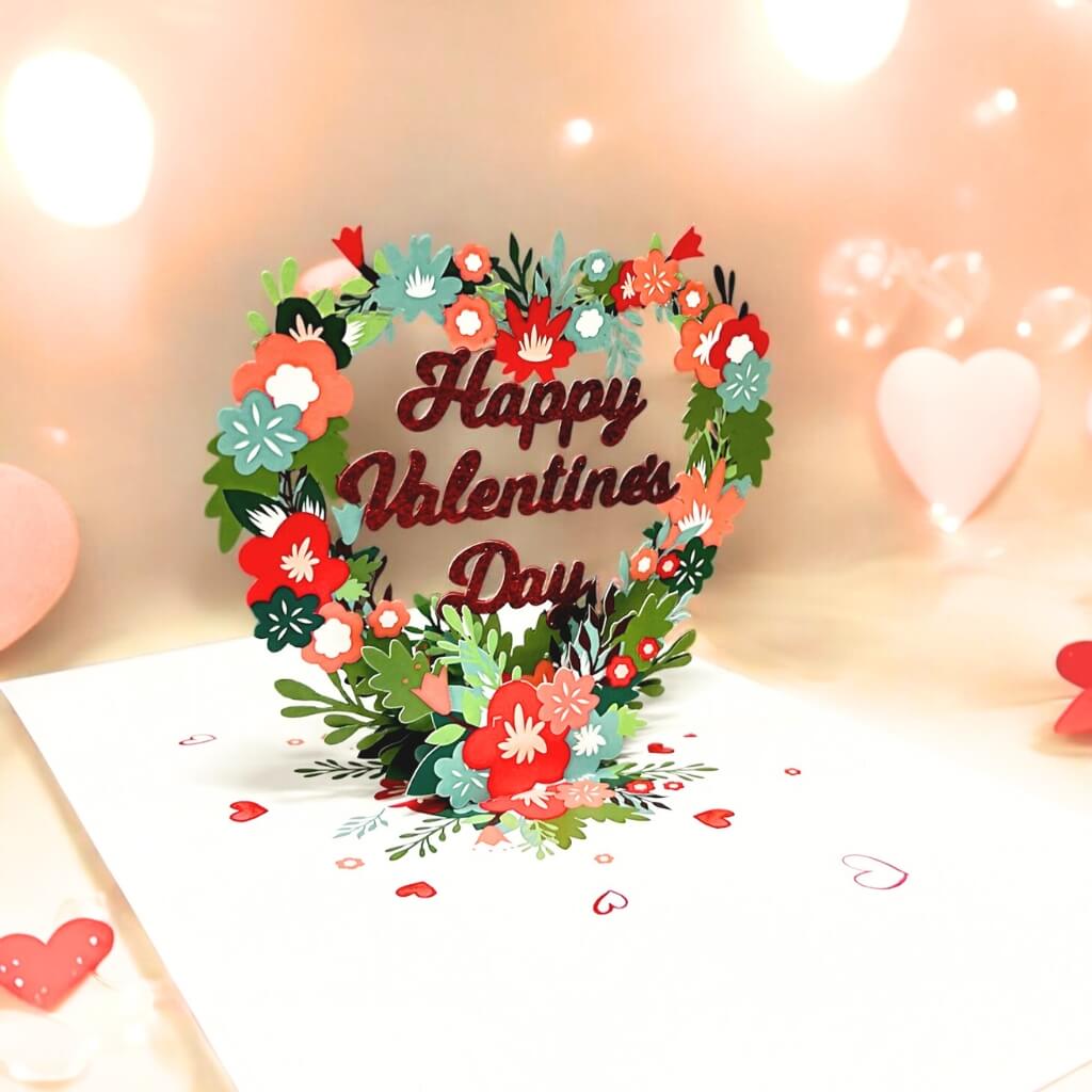 Happy Valentine's Day Floral Love Heart Wreath 3D Card