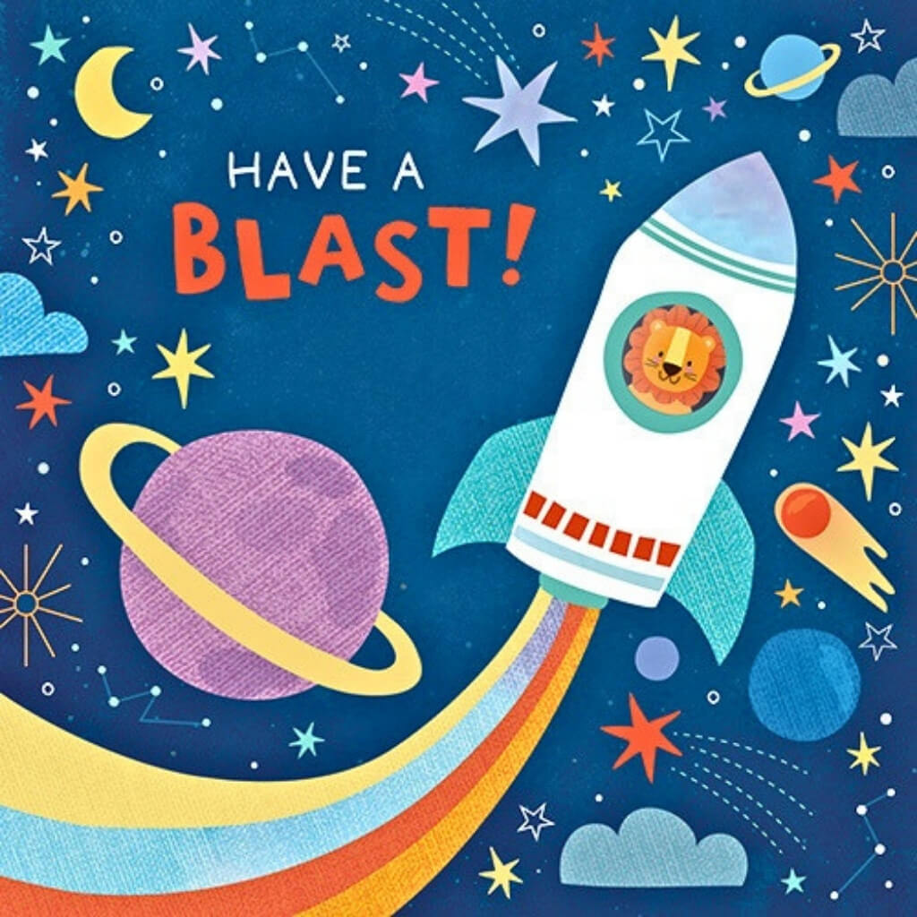 Have A Blast space birthday card for boys with rocket and planets