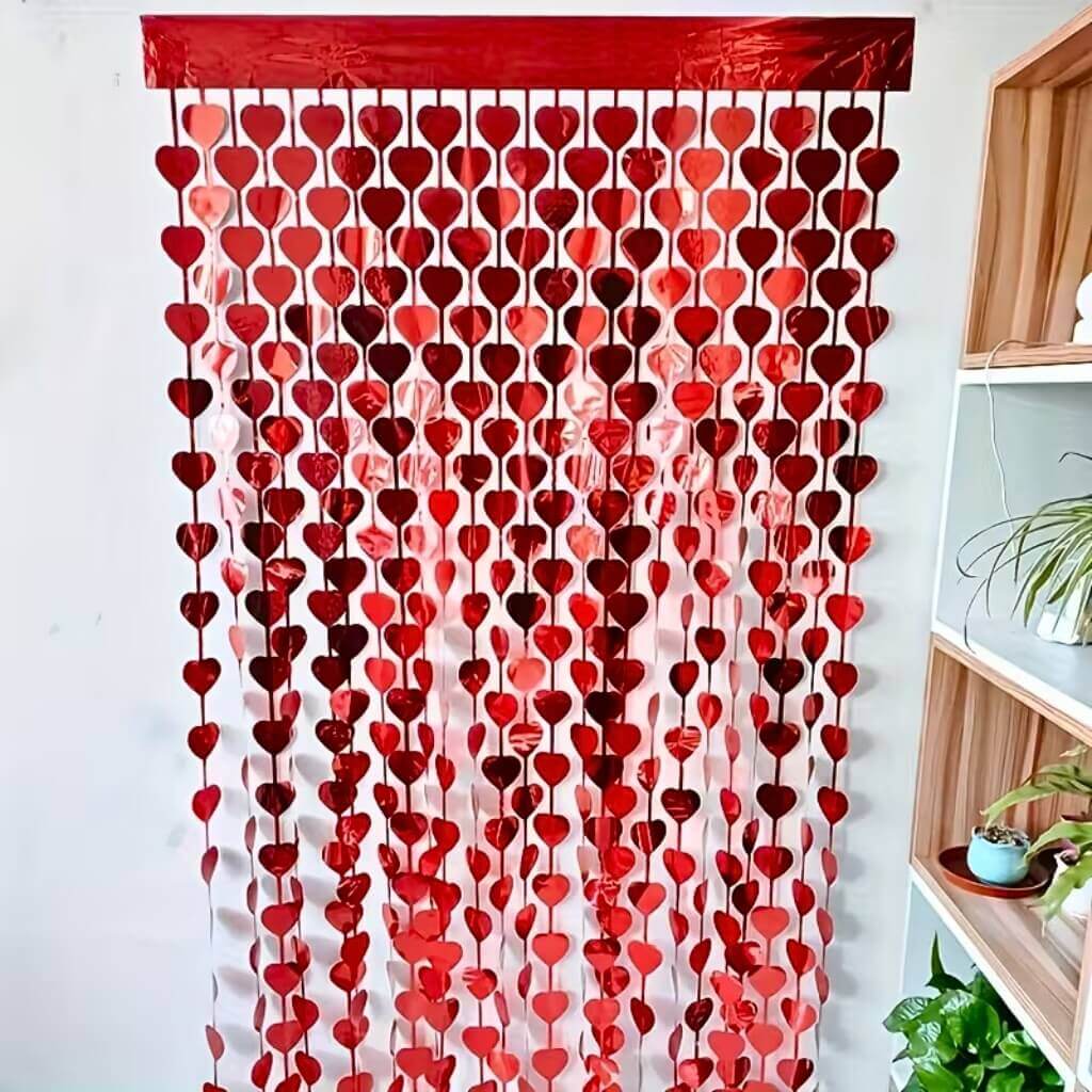 Metallic Heart Tinsel Foil Fringe Curtain - Red